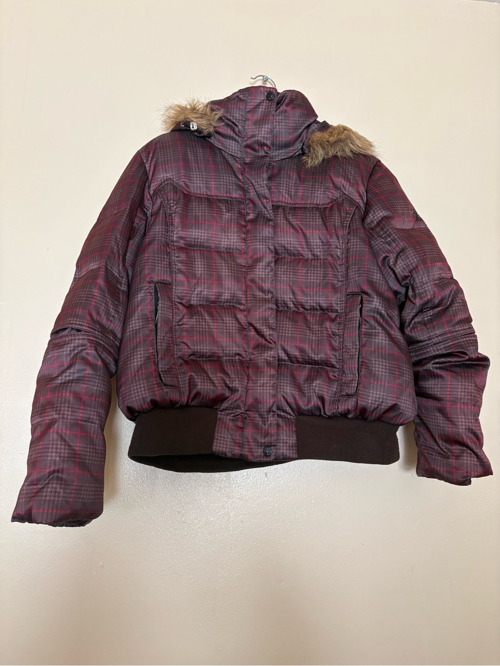 ZeroXposur Burgundy Plaid Quilted Puffer with Faux Fur-Trim Hood